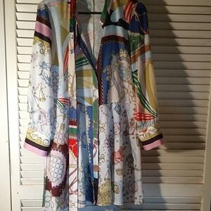 Zara button down long sleeve bright colors mandarin collar short dress sz LG